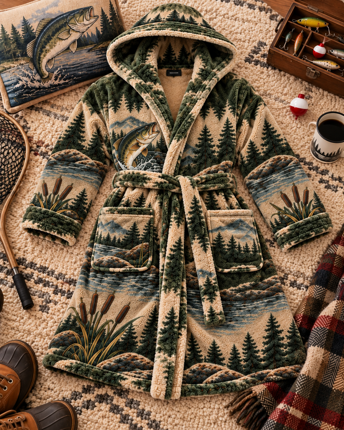 ReelCozy Heated Fishing Robe with fishing gear